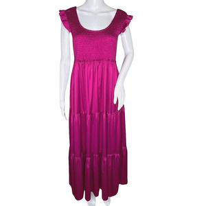 Natural Life Dress Womens Medium Pink Satin Olivia Smocked Maxi Peasant Bohemian